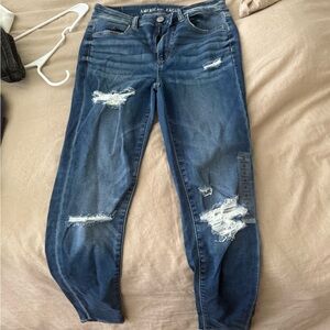 American Eagle Outfitters Dark Blue Distressed Hi-Rise Jegging
